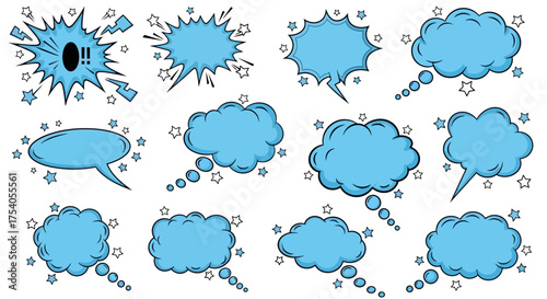 A collection of empty blue comic book style speech and thought bubbles with stars.