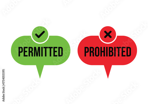 Permitted and prohibited signs isolated on, indicating allowance and restriction with green check and red cross on transparent background