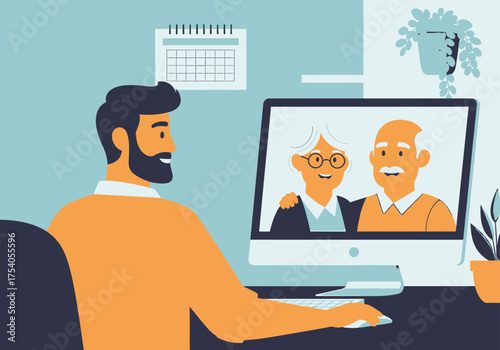 Man video calling with senior parents on computer isolated on, showcasing connection, communication, and family relationships on transparent background