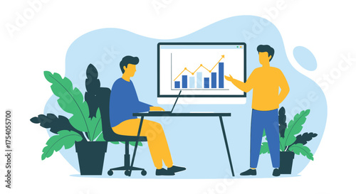 Two colleagues collaborate on business growth, analyzing charts and graphs on a monitor, surrounded by lush plants, isolated on on transparent background