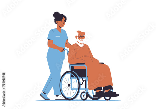Kind caregiver assists elderly man in wheelchair isolated on, providing support and companionship during his golden years with compassion on transparent background