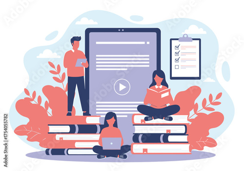 Online education concept with students learning on books and using digital devices, vector illustration of elearning and remote study for knowledge on transparent background