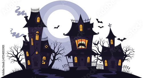 A spooky haunted house scene with bats flying under a full moon.