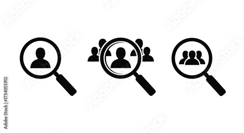 Recruiting and hiring concept magnifying glass icons focusing on individual and group of people, isolated on on transparent background
