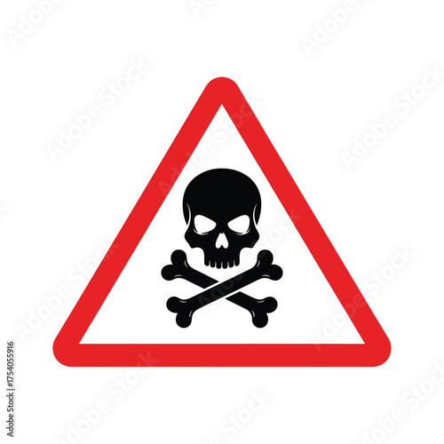 Skull and crossbones symbol in red triangle, warning sign for poison or danger, isolated on on transparent background