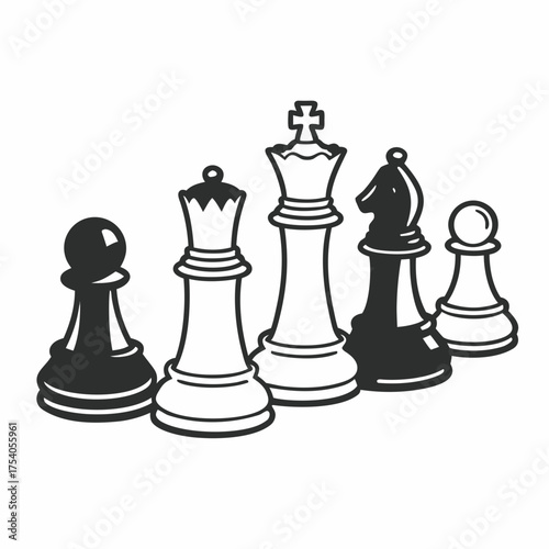 Chess Pieces Set Black White King Queen Bishop Pawn Strategy Game Vector Icon