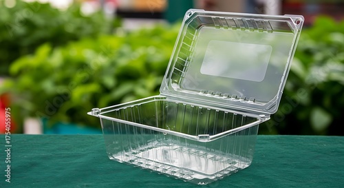 Clear plastic food container with hinged lid, perfect for salads or takeout meals for commercial usage and mockups