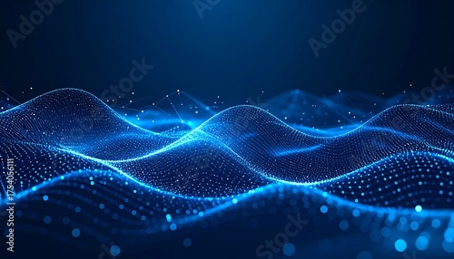 Abstract digital landscape with undulating blue glowing particles and connected nodes
