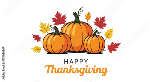A festive Thanksgiving illustration with pumpkins and colorful autumn leaves.