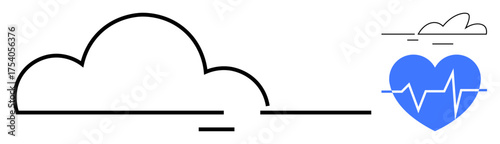 Cloud with minimal design connected to a heart with a heartbeat pulse icon. Ideal for healthcare, digital health, cloud tech, monitoring, telemedicine, wellness platforms, simple flat metaphor