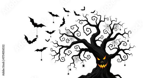 Spooky Halloween tree with bats and a scary face carved into the trunk.