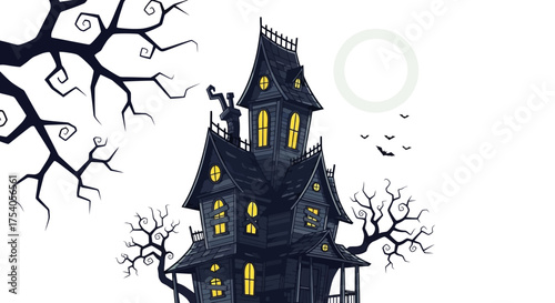 Spooky haunted house illustration with bare trees and a full moon.