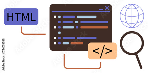 Coding window with color-coded lines, HTML tag connected to the web, globe, and magnifier. Ideal for development, design, programming, education web innovation and technology. Simple flat metaphor