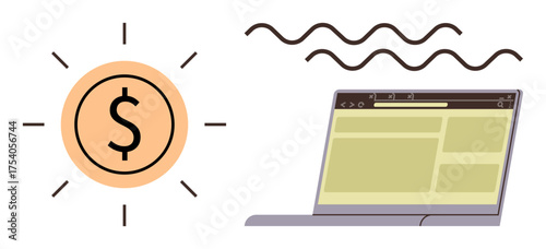 Dollar sign encircled by rays beside laptop featuring a web interface. Ideal for business, finance, e-commerce, marketing, online investment, economic growth, simple flat metaphor