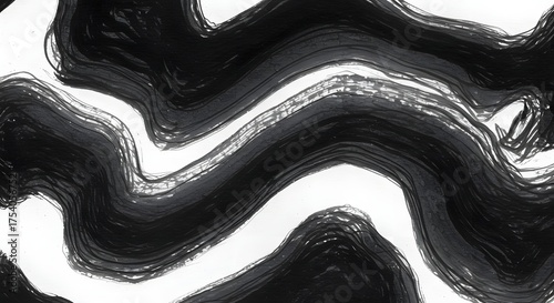 Abstract black and white brushstrokes with flowing lines creating a layered, wavy pattern