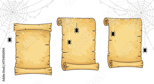 Three old scrolls with spiders and spiderwebs for Halloween.
