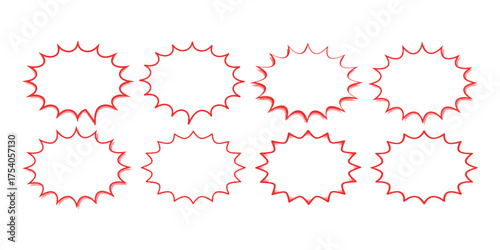 Comic Speech Bubbles Set Red Outline, Burst Shapes for Text, Announcement, and Dialogue