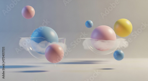 Pastel spheres floating on clouds, creating a dreamy and whimsical atmosphere with a sense of calm and serenity in a surreal setting