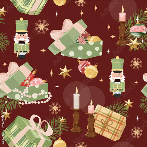 Christmas seamless pattern featuring nutcrackers and new year's toys. Perfect for kids' clothing and home decor, as well as wrapping paper.