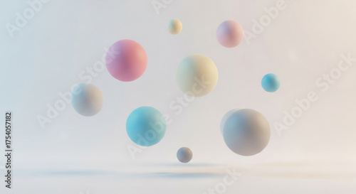 Pastel spheres floating in a white space, creating a soft and dreamy atmosphere with a sense of calm and serenity