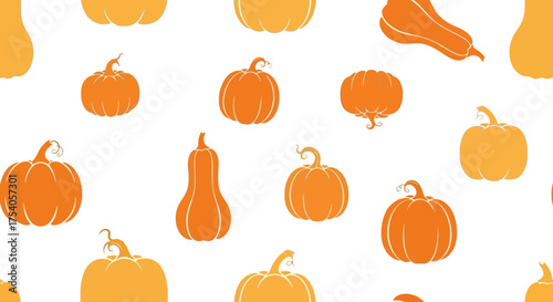 Seamless pattern of pumpkins and butternut squash on white background.