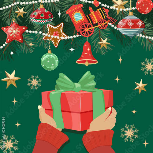 Merry Christmas, Happy New Year. Xmas present under tree. Vector illustration.