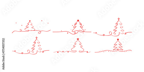 Christmas Tree Line Art, Holiday Decoration, Festive Design, Red Outline, Isolated