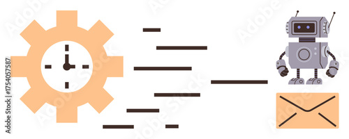 Gear with clock, lines indicating motion, robot carrying email visually depict workflow automation, time efficiency, and technology. Ideal for AI, productivity, communication, work management