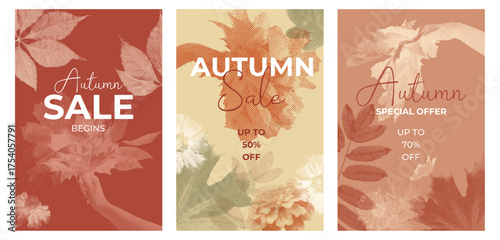 Fall Sale and Special Offers. Trendy halftone collage. Hello, autumn. Background with autumn leaves and flowers. Vector illustration with a grainy photocopy effect.