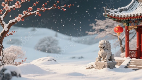 A 3D rendering of a festive outdoor snowy New Year scene featuring a traditional Chinese pavilion, plum blossoms, and stone lions.