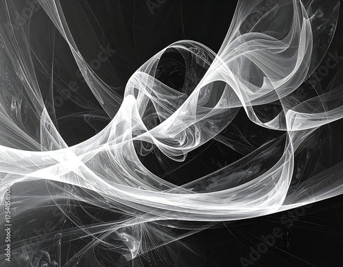 Abstract black and white design featuring swirling, flowing light lines against a dark backdrop
