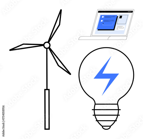 Wind turbine generating power, light bulb symbolizing energy, and digital dashboard representing technology. Ideal for sustainability, innovation, green energy, renewable resources, eco-friendliness