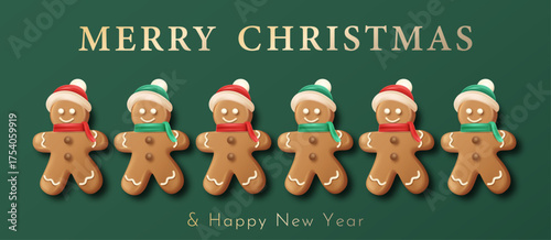 Cute gingerbread wearing hat and scarf in a row vector illustration. Merry Christmas Poster Design 