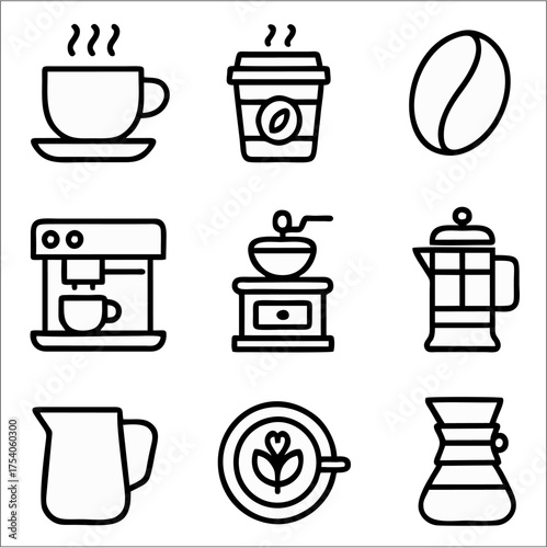 Coffee Shop Equipment Bold Outline Icon Set, Barista Tools and Drink Vector Pack