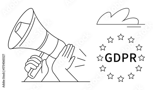 Hand holding megaphone projecting privacy alert with GDPR encircled by stars. Ideal for data protection, compliance, privacy, EU regulations, security, communication campaigns. Simple flat metaphor