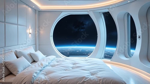 Luxurious futuristic bedroom with large circular window overlooking Earth from space