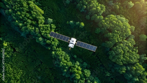 A Compact LEO Satellite Spinning Gracefully Above A Lush Green Forest Belt, Capturing Earth’s Vibrant Ecosystems While Showcasing Modern Space Technology, Environmental Monitoring, And Global Innovati