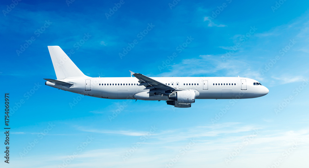 Obraz premium White airplane side view flying in the blue sky background commercial passenger jet. Modern passenger jet airplane.