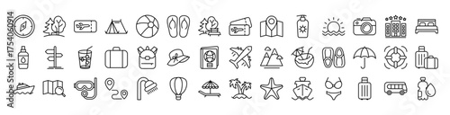 Summer Vacation Vector Icon Set | Travel, Beach, Tourism, Relaxation, Luggage, Passport, Hotel, Flight, Camping, Adventure, Holiday Essentials