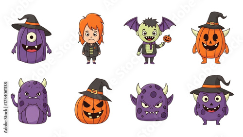 Spooky Halloween cartoon monsters and pumpkins with witch hats on white background