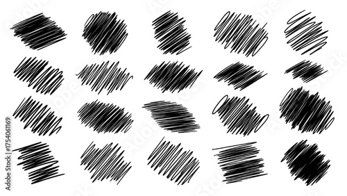 Diverse collection of abstract hand-drawn scribble textures and shaded stroke elements for creative graphic designs and artistic backgrounds