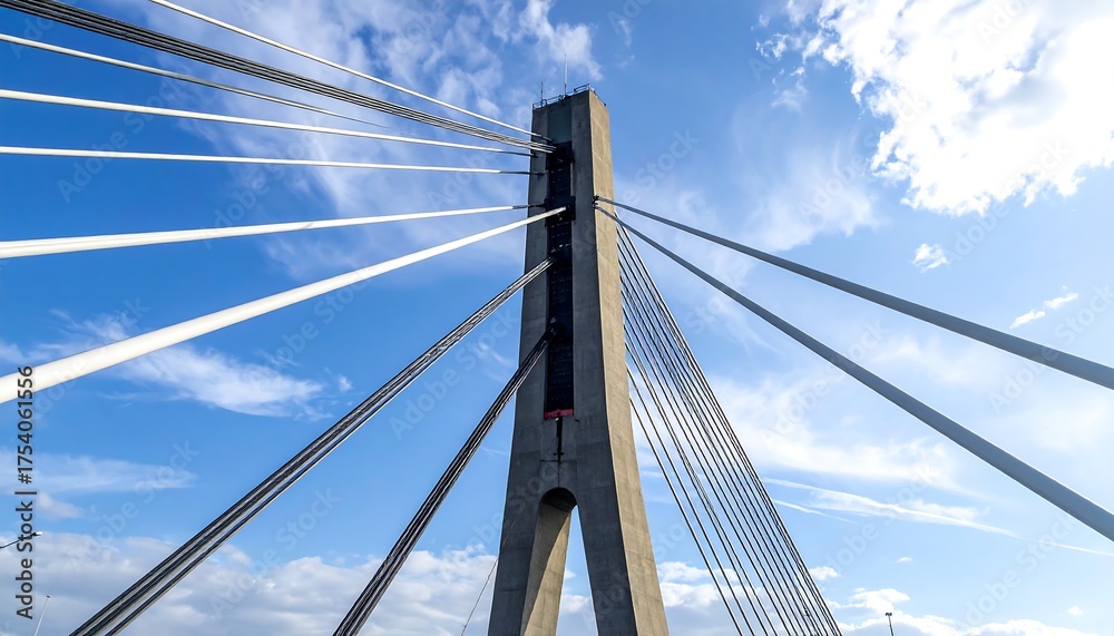 Fototapeta premium View of a tall bridge pylon with cables against a cloudy, blue sky