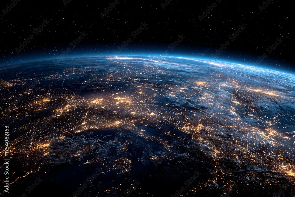 Obraz premium Stunning View of Earth from Space at Night Highlighting City Lights and Starry Sky in Blue and Black, Perfect for Science and Nature Themes