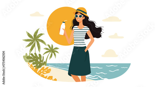 Woman in hat and sunglasses on a sunny beach holding a drink bottle with palm trees and ocean