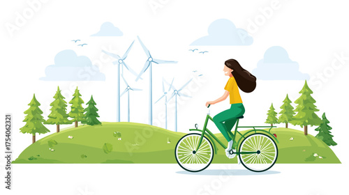 Woman on green bicycle rides past hills with pine trees and wind turbines under a cloudy sky