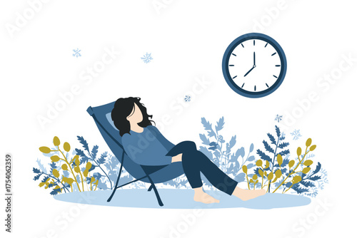 Woman relaxing in a blue chair outdoors among plants and snowflakes with a clock showing 7 oclock