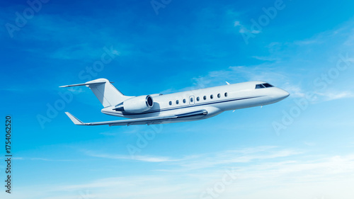 White private jet airplane side view flying in the blue sky background. Modern private jet airplane.