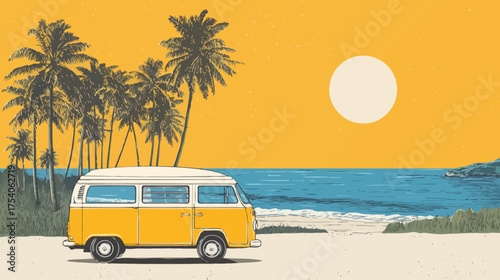 Yellow camper van on sandy tropical beach with palm trees blue ocean and large sun under a golden sky