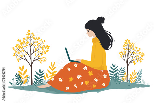 Young woman sitting on grass with a laptop surrounded by trees and plants