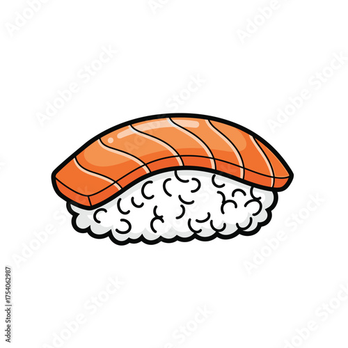 Simple salmon nigiri sushi illustration with white rice and orange fish.